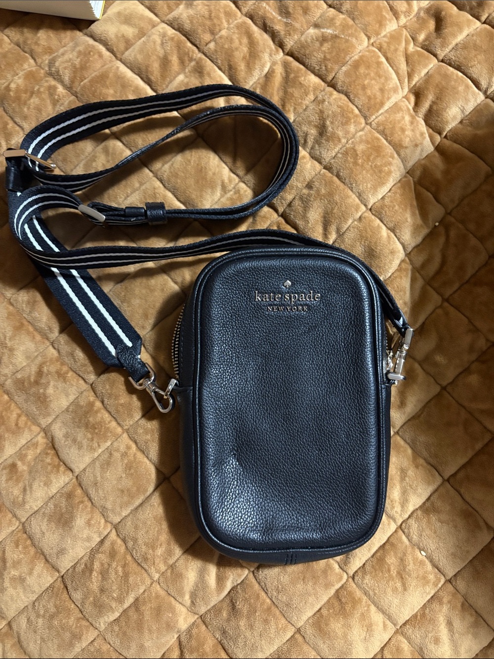 kate spade Black Pebbled Leather Belt/Crossbody Bag with Striped Strap